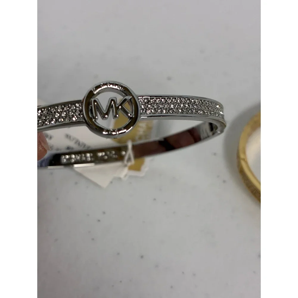 Michael Kors MK Logo Pave Crystal Bangle Bracelet Set Gold Silver Tone 2pc